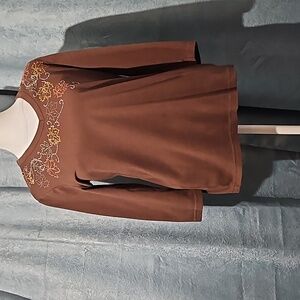 Morning Sun 3/4 Sleeve Embellshed Brown Top With Metallic Leaves - Size Small